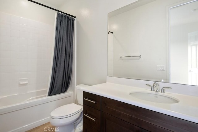 full bath with toilet, shower / bathtub combination with curtain, and vanity