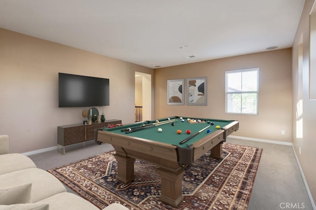 recreation room with carpet floors, baseboards, and pool table
