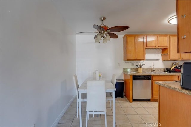 1386 E Madison Ave Unit 21, El Cajon, CA 92021 - kitchen featuring baseboards, a sink, ceiling fan, stainless steel dishwasher, and light tile patterned flooring