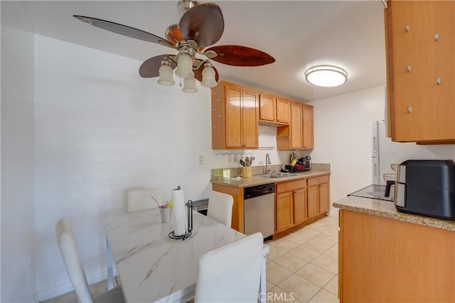1386 E Madison Ave Unit 21, El Cajon, CA 92021 - kitchen with a ceiling fan, light tile patterned flooring, light stone countertops, dishwasher, and a sink
