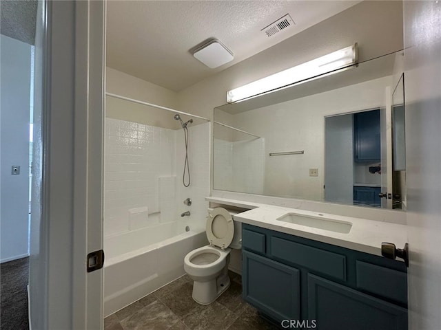 bathroom with a textured ceiling, vanity, shower / tub combination, toilet, and visible vents