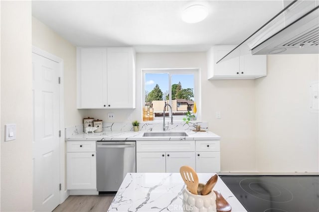 1000 W Macarthur Blvd Unit 106, Santa Ana, CA 92707 - kitchen featuring stainless steel dishwasher, a sink, ventilation hood, white cabinetry, and light wood finished floors