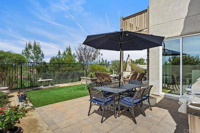 view of patio featuring a fenced backyard and outdoor dining area