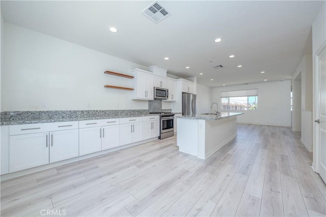1245 Oliva Ct, Duarte, CA 91010 - kitchen featuring appliances with stainless steel finishes, white cabinets, open shelves, light wood-type flooring, and recessed lighting