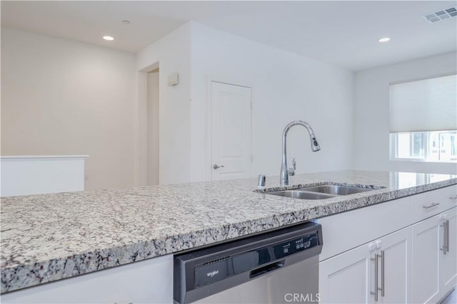 1245 Oliva Ct, Duarte, CA 91010 - kitchen featuring dishwasher, light stone countertops, white cabinetry, and recessed lighting