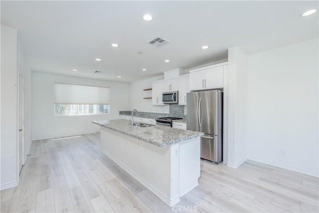 1245 Oliva Ct, Duarte, CA 91010 - kitchen featuring stainless steel appliances, open shelves, light wood-style flooring, white cabinetry, and recessed lighting