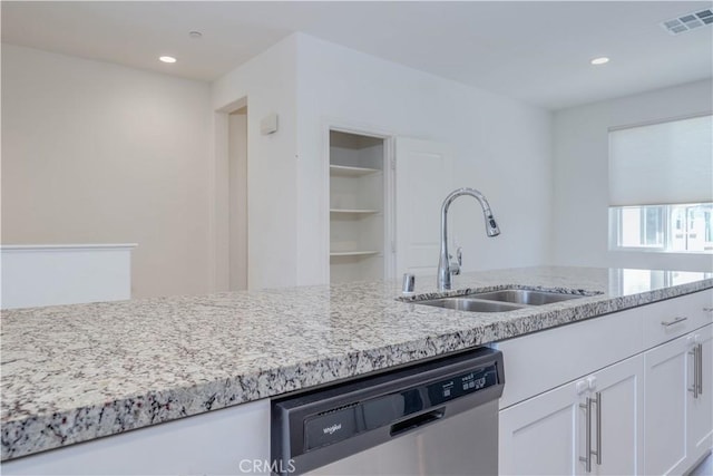 1245 Oliva Ct, Duarte, CA 91010 - kitchen featuring stainless steel dishwasher, white cabinets, light stone counters, and recessed lighting