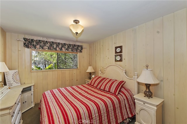 28018 Peninsula, Lake Arrowhead, CA 92352 - bedroom featuring wooden walls and dark colored carpet