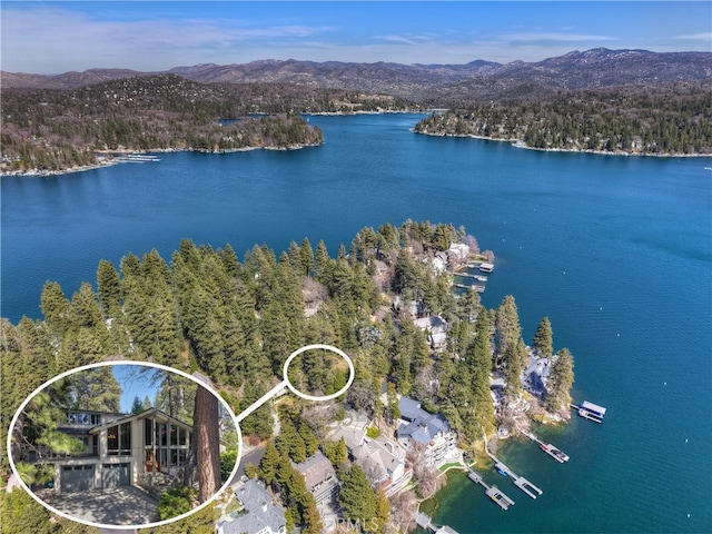 28018 Peninsula, Lake Arrowhead, CA 92352 - aerial view of property's location featuring a water and mountain view