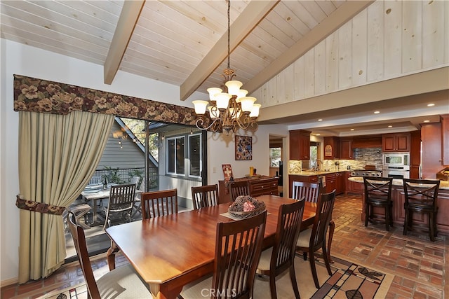 28018 Peninsula, Lake Arrowhead, CA 92352 - dining space featuring plenty of natural light, a chandelier, wood ceiling, brick floors, and recessed lighting