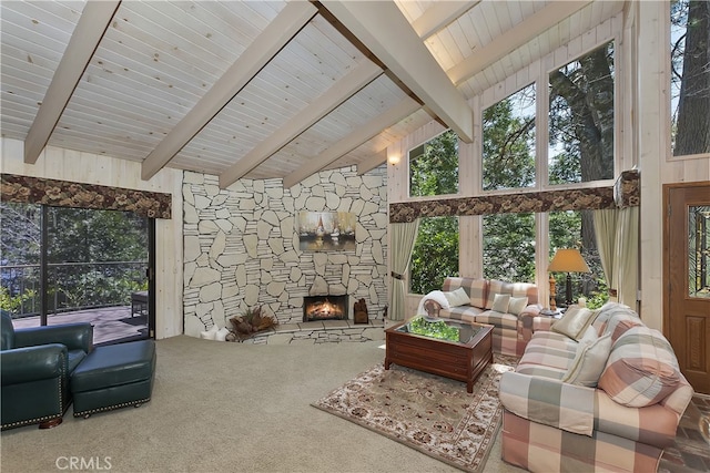 28018 Peninsula, Lake Arrowhead, CA 92352 - living room featuring carpet floors, a fireplace, high vaulted ceiling, and a wood ceiling with exposed beams