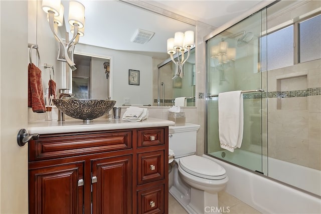 28018 Peninsula, Lake Arrowhead, CA 92352 - bathroom with vanity, shower / bath combination with glass door, and tile patterned floors