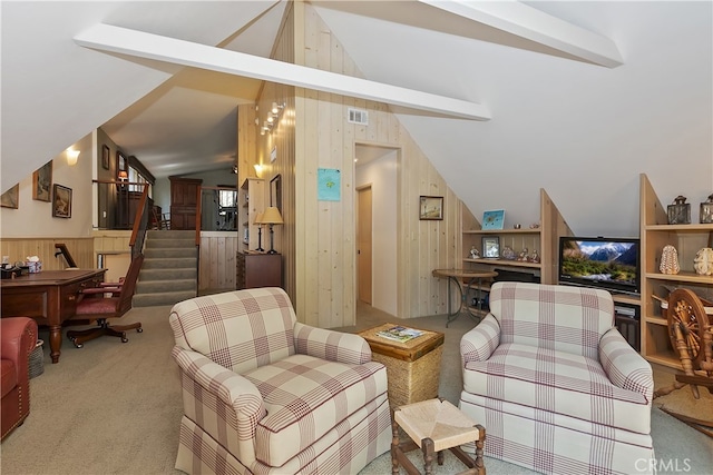 28018 Peninsula, Lake Arrowhead, CA 92352 - living area with vaulted ceiling, carpet, wood walls, and stairway
