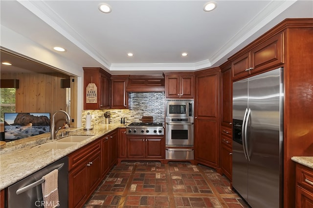 28018 Peninsula, Lake Arrowhead, CA 92352 - kitchen with stainless steel appliances, brick flooring, a warming drawer, light stone counters, and backsplash