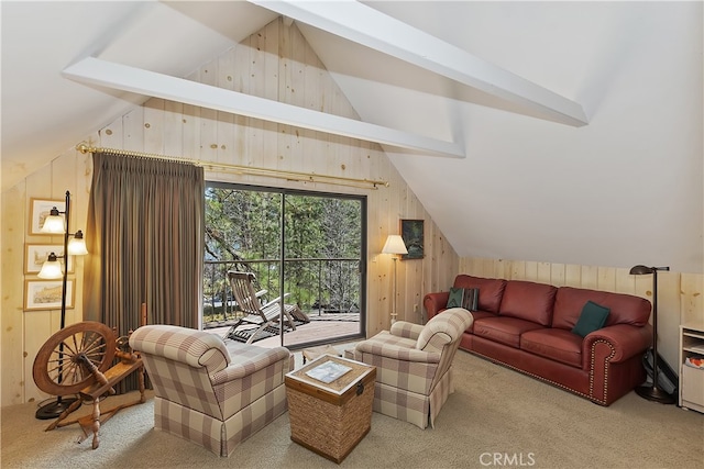 28018 Peninsula, Lake Arrowhead, CA 92352 - carpeted living room featuring lofted ceiling and wood walls