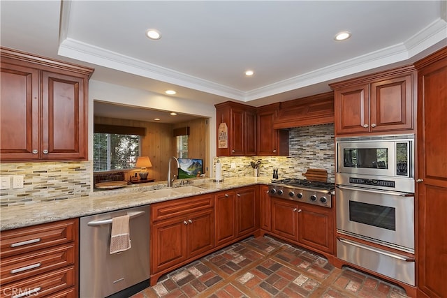 28018 Peninsula, Lake Arrowhead, CA 92352 - kitchen featuring stainless steel appliances, a warming drawer, brick flooring, ornamental molding, and recessed lighting