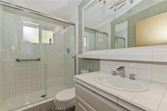 28018 Peninsula, Lake Arrowhead, CA 92352 - bathroom with vanity, a stall shower, and decorative backsplash