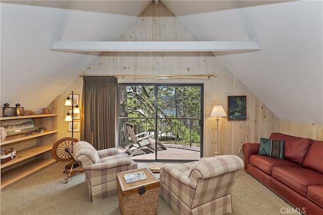28018 Peninsula, Lake Arrowhead, CA 92352 - carpeted living area featuring wooden walls and lofted ceiling