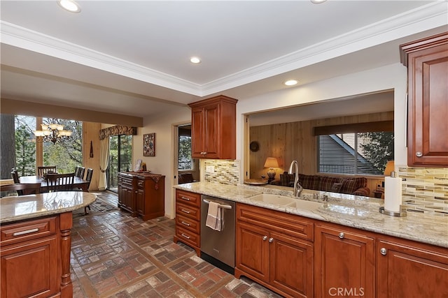 28018 Peninsula, Lake Arrowhead, CA 92352 - kitchen featuring dishwasher, brick flooring, a chandelier, recessed lighting, and backsplash
