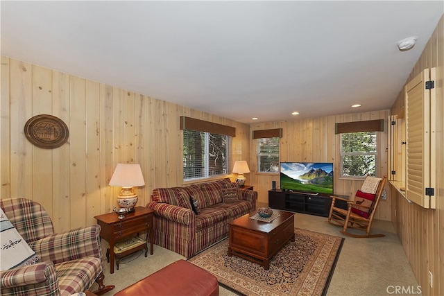 28018 Peninsula, Lake Arrowhead, CA 92352 - living area featuring light carpet, wood walls, and recessed lighting