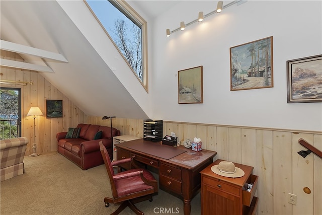 28018 Peninsula, Lake Arrowhead, CA 92352 - office area with wooden walls and carpet flooring