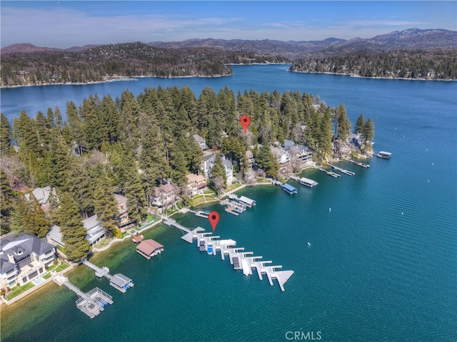 28018 Peninsula, Lake Arrowhead, CA 92352 - aerial view of property and surrounding area with a water and mountain view