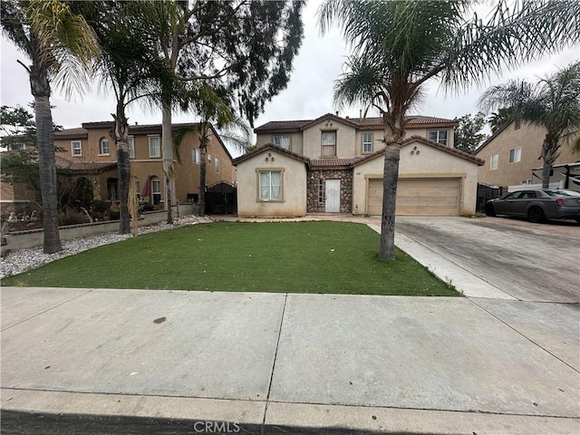 traditional home with a front yard, stone siding, a garage, concrete driveway, and stucco siding