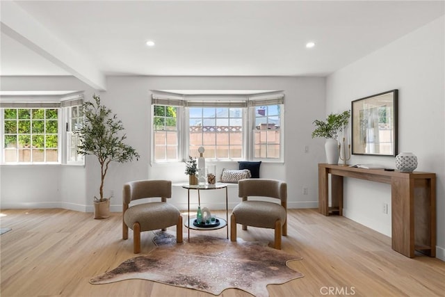 living area with baseboards, plenty of natural light, and wood finished floors