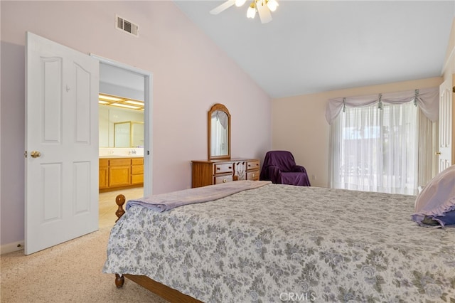 1400 Genoa Way, Santa Maria, CA 93455 - bedroom featuring ensuite bath, visible vents, ceiling fan, high vaulted ceiling, and light colored carpet