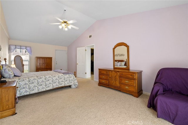 1400 Genoa Way, Santa Maria, CA 93455 - carpeted bedroom featuring high vaulted ceiling, visible vents, baseboards, and ceiling fan