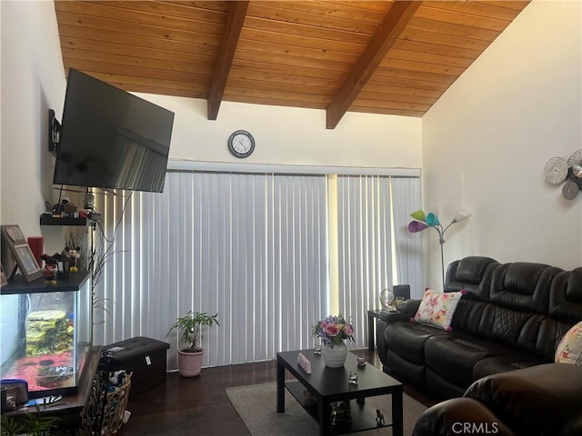 living room featuring wood finished floors, vaulted ceiling with beams, and wood ceiling