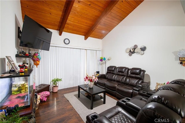 8601 International Ave Unit 265, Canoga Park, CA 91304 - living room with beam ceiling, wood finished floors, wood ceiling, and high vaulted ceiling
