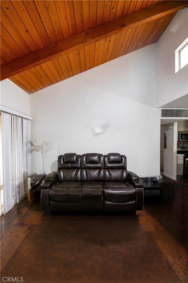 8601 International Ave Unit 265, Canoga Park, CA 91304 - living area featuring a wood ceiling with exposed beams and high vaulted ceiling