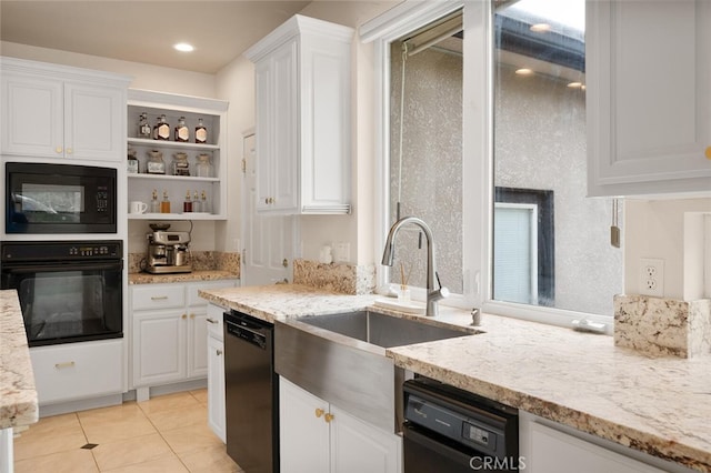 11 Sycamore Valley Rd, Chico, CA 95973 - kitchen featuring black appliances, white cabinets, a sink, light tile patterned floors, and light stone counters