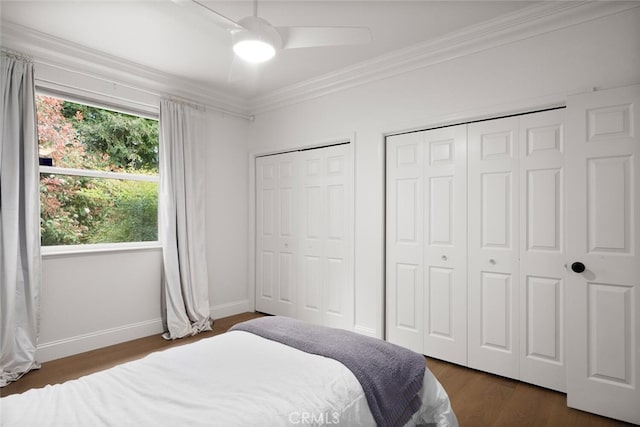 11 Sycamore Valley Rd, Chico, CA 95973 - bedroom featuring ornamental molding, two closets, dark wood finished floors, baseboards, and ceiling fan