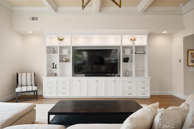 11 Sycamore Valley Rd, Chico, CA 95973 - living area with ornamental molding, light wood-style flooring, baseboards, beamed ceiling, and recessed lighting