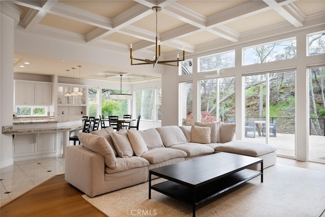 11 Sycamore Valley Rd, Chico, CA 95973 - living area with a chandelier, coffered ceiling, and beam ceiling