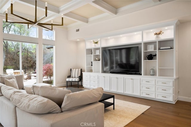 11 Sycamore Valley Rd, Chico, CA 95973 - living room featuring beamed ceiling, a chandelier, baseboards, coffered ceiling, and dark wood-style floors