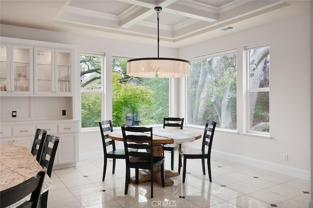 11 Sycamore Valley Rd, Chico, CA 95973 - dining room featuring plenty of natural light, coffered ceiling, light tile patterned floors, crown molding, and baseboards