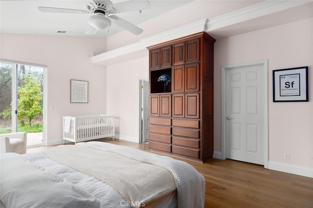 11 Sycamore Valley Rd, Chico, CA 95973 - bedroom with access to exterior, baseboards, wood finished floors, and ceiling fan