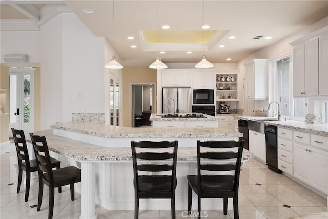11 Sycamore Valley Rd, Chico, CA 95973 - kitchen featuring black appliances, open shelves, a peninsula, a raised ceiling, and a sink