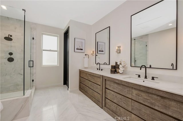 607 12th St, Huntington Beach, CA 92648 - bathroom featuring baseboards, a sink, and a marble finish shower