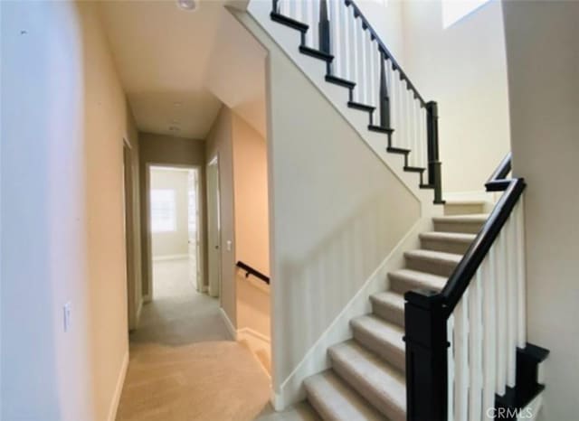 stairway with baseboards and carpet flooring