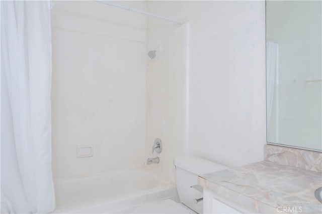 full bathroom with vanity, shower / bathtub combination with curtain, and toilet