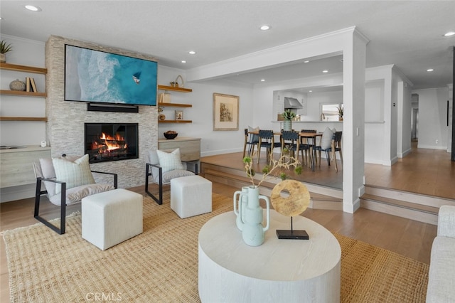 living area featuring crown molding, recessed lighting, wood finished floors, and a fireplace