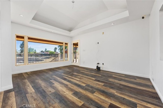 empty room featuring a raised ceiling and wood finished floors