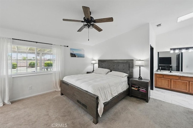42370 61st St W, Lancaster, CA 93536 - bedroom featuring light colored carpet, vaulted ceiling, and a ceiling fan