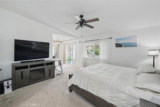 42370 61st St W, Lancaster, CA 93536 - bedroom featuring light colored carpet, vaulted ceiling, access to outside, a ceiling fan, and recessed lighting