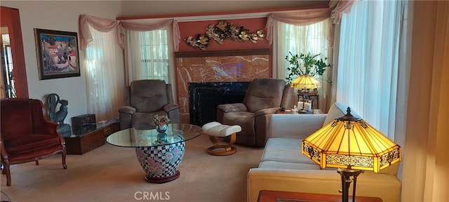 living area featuring carpet flooring, a healthy amount of sunlight, and a fireplace