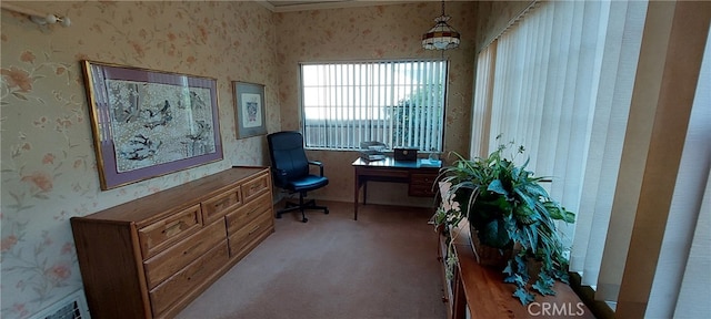 carpeted office space with wallpapered walls and ornamental molding